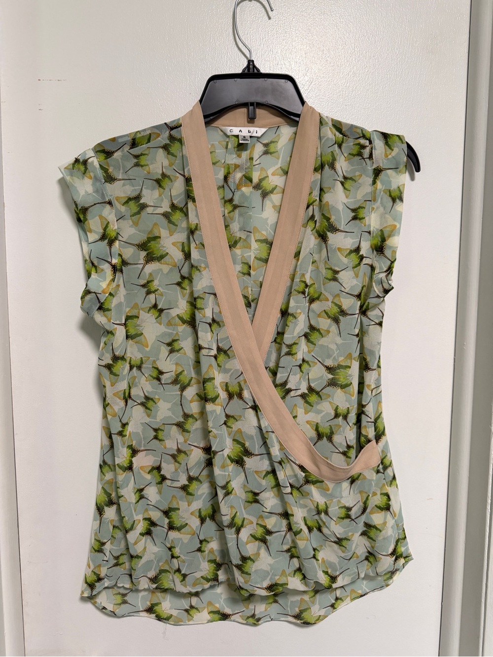CAbi Green Floral butterfly Print Surplice Top with Beige Trim